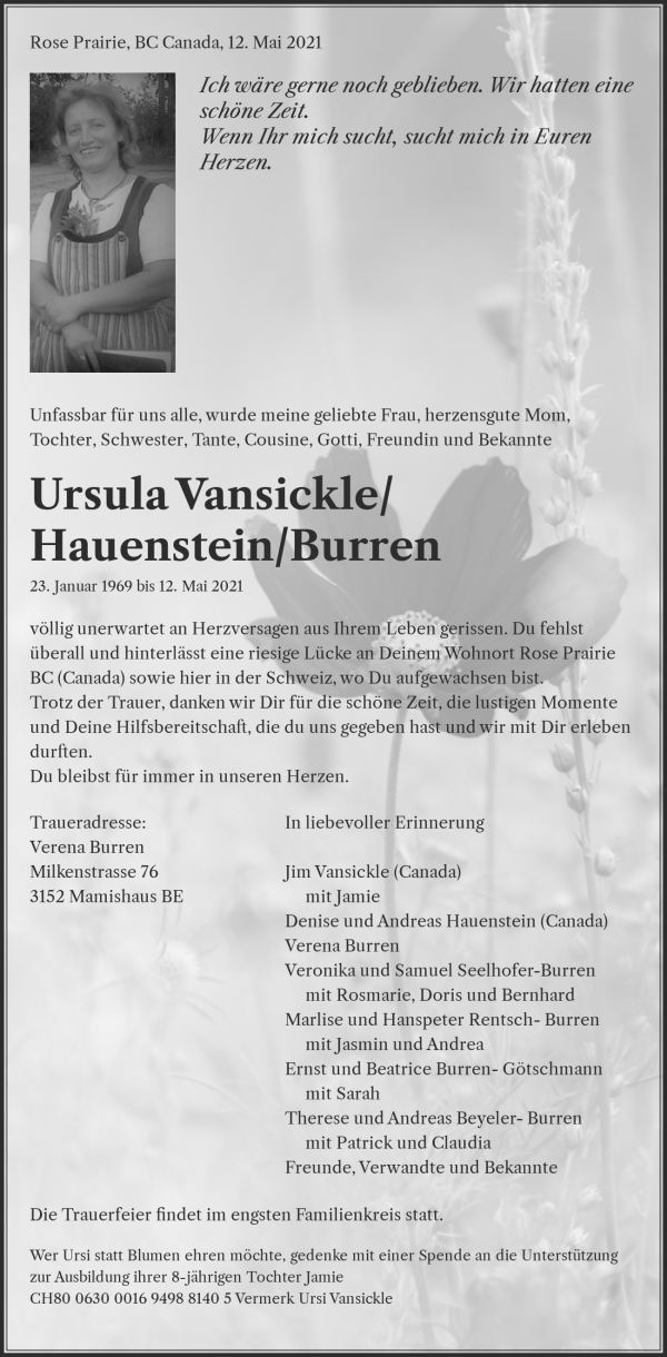 Todesanzeige von Ursula Vansickle/Hauenstein/Burren, Fort St. John