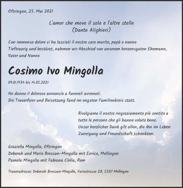 Todesanzeige von Cosimo Ivo Mingolla, Oftringen
