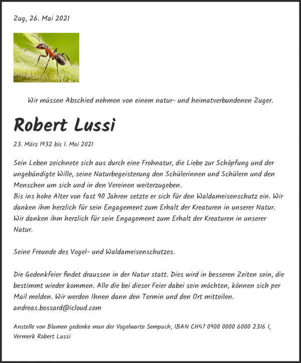 Avis de décès de Robert Lussi, Zug