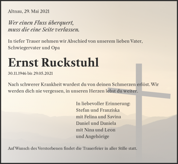 Todesanzeige von Ernst Ruckstuhl, Altnau