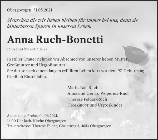 Avis de décès de Anna Ruch-Bonetti, Niedergoesgen