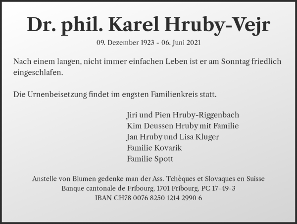 Necrologio Dr. phil. Karel Hruby-Vejr, Basel