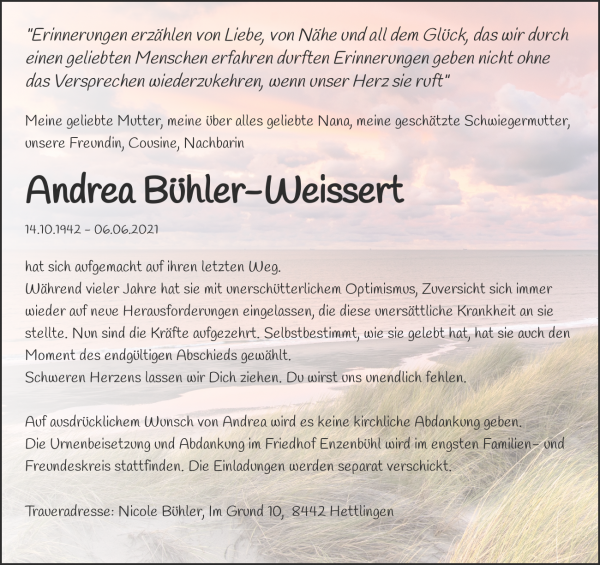 Todesanzeige von Andrea Bühler-Weissert, Wallisellen