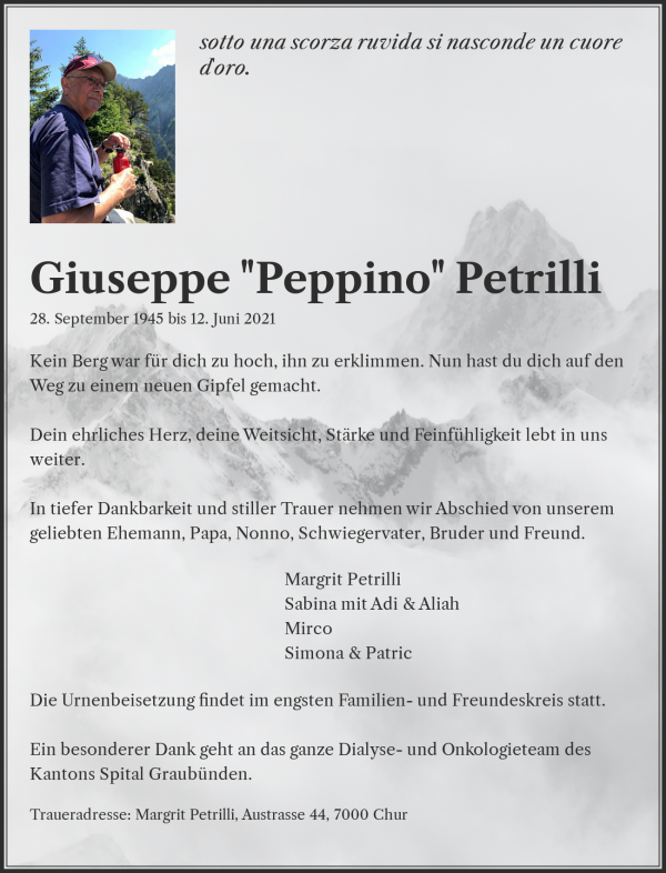 Avis de décès de Giuseppe "Peppino" Petrilli, Chur