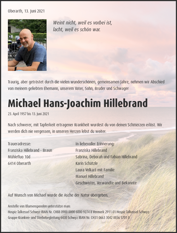 Todesanzeige von Michael Hans-Joachim Hillebrand, Oberarth