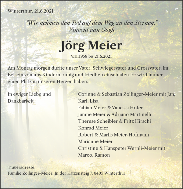 Avis de décès de Jörg Meier, Mühlethal