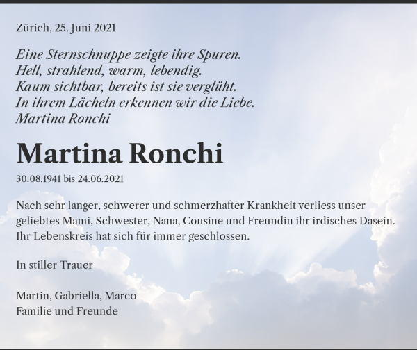 Avis de décès de Martina Ronchi, Zürich