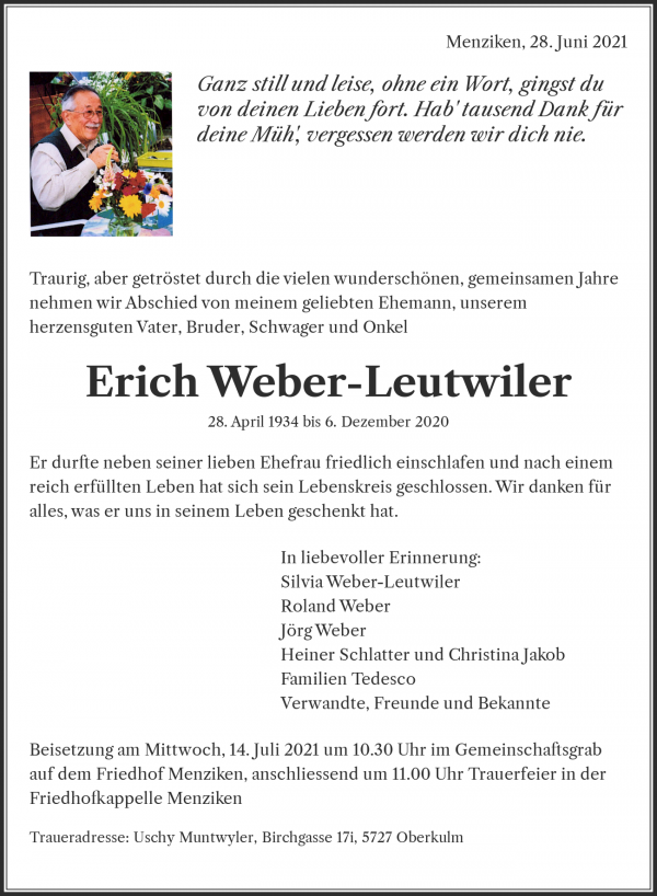 Avis de décès de Erich Weber-Leutwiler, Menziken