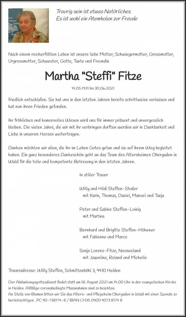 Avis de décès de Martha "Steffi" Fitze, Wald