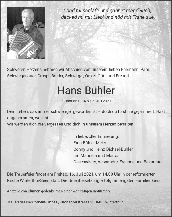 Todesanzeige von Hans Bühler, Winterthur