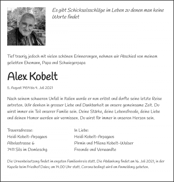 Avis de décès de Alex Kobelt, Sils im Domleschg