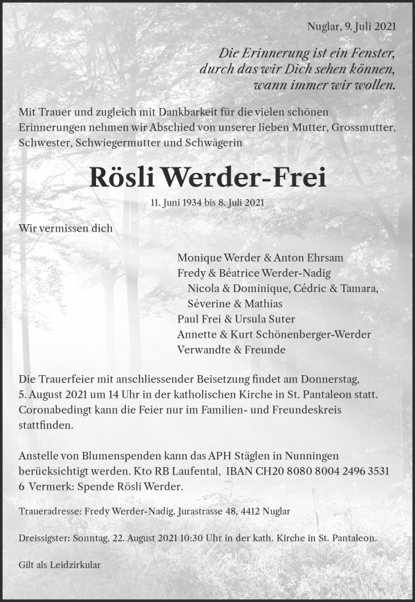 Avis de décès de Rösli Werder-Frei, Nuglar