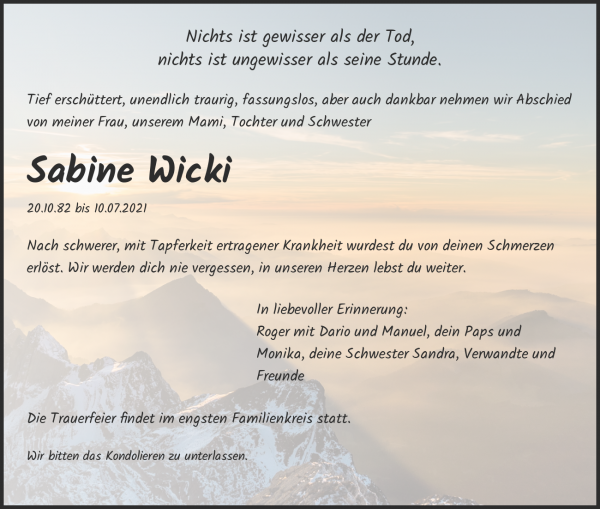 Avis de décès de Sabine Wicki, Liestal