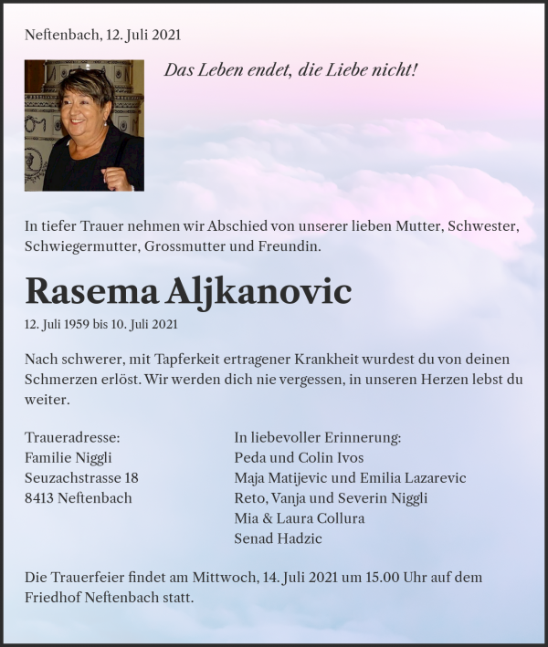 Todesanzeige von Rasema Aljkanovic, Neftenbach
