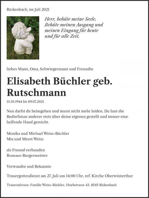 Todesanzeige von Elisabeth Büchler geb. Rutschmann, Rickenbach