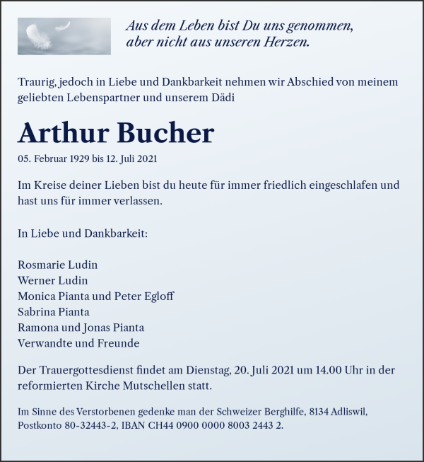 Obituary Arthur Bucher, 8964 Rudolfstetten