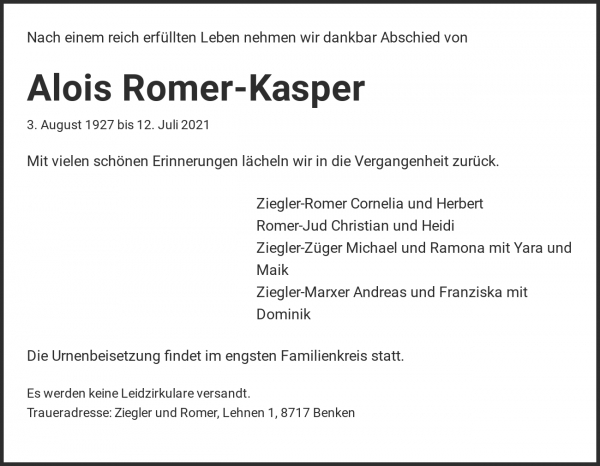 Avis de décès de Alois Romer-Kasper, Benken