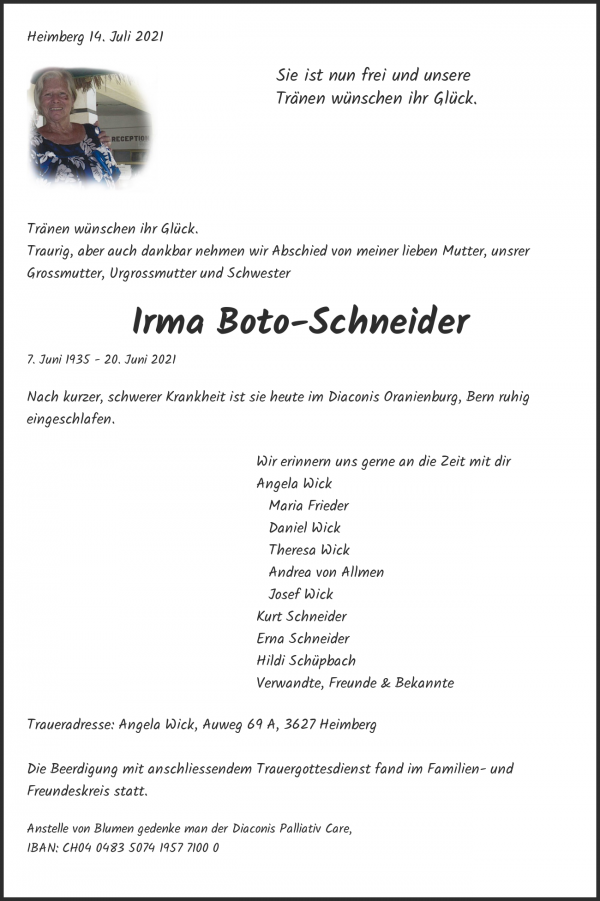 Todesanzeige von Irma Boto-Schneider, Heimberg