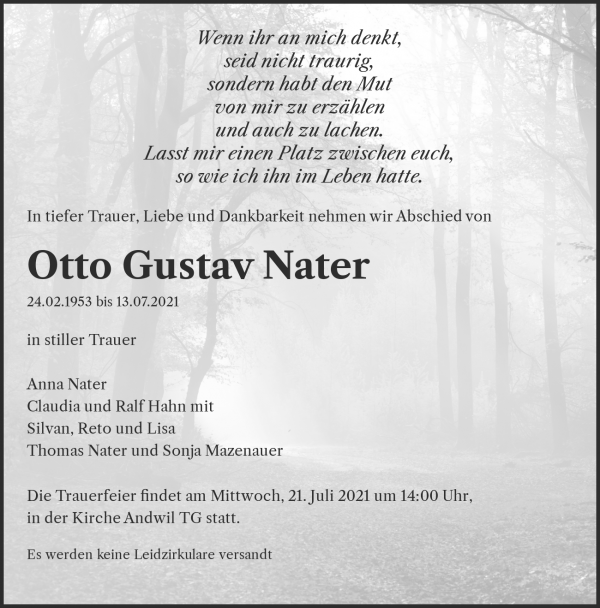Todesanzeige von Otto Gustav Nater, Andwil TG