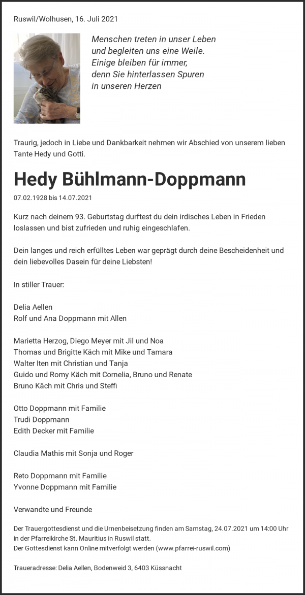 Avis de décès de Hedy Bühlmann-Doppmann, Ruswil