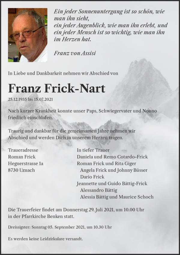 Avis de décès de Franz Frick-Nart, Buchs