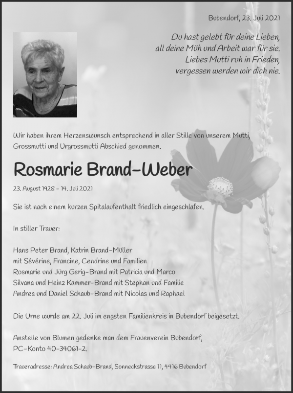 Avis de décès de Rosmarie Brand-Weber, Liestal