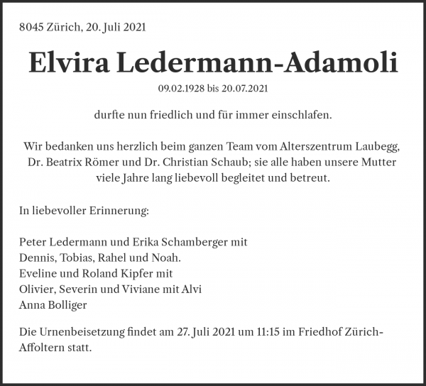 Todesanzeige von Elvira Ledermann-Adamoli, Zürich