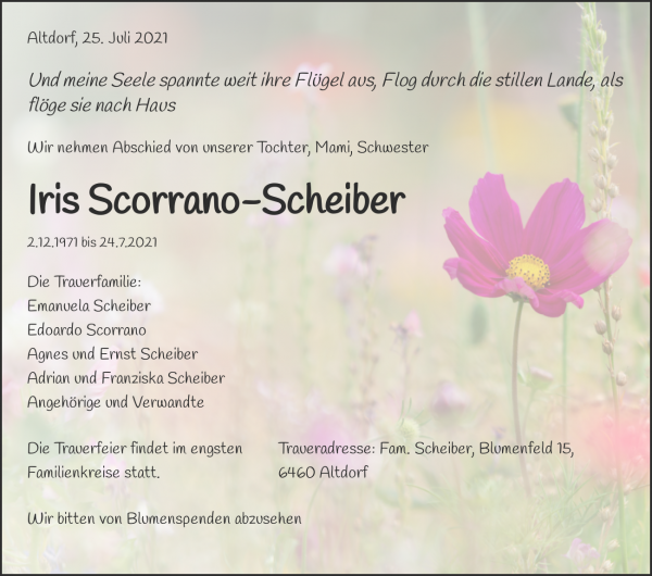 Avis de décès de Iris Scorrano-Scheiber, Brunnen
