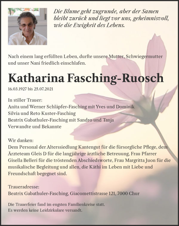 Avis de décès de Katharina Fasching-Ruosch, Chur