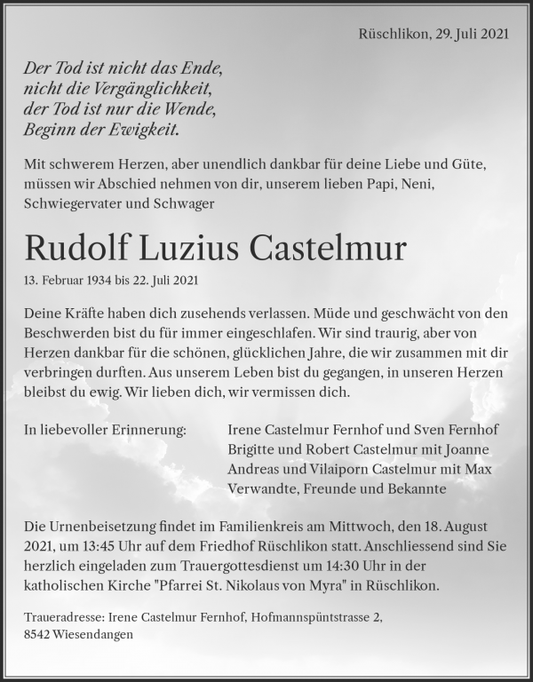 Todesanzeige von Rudolf Luzius Castelmur, Rüschlikon