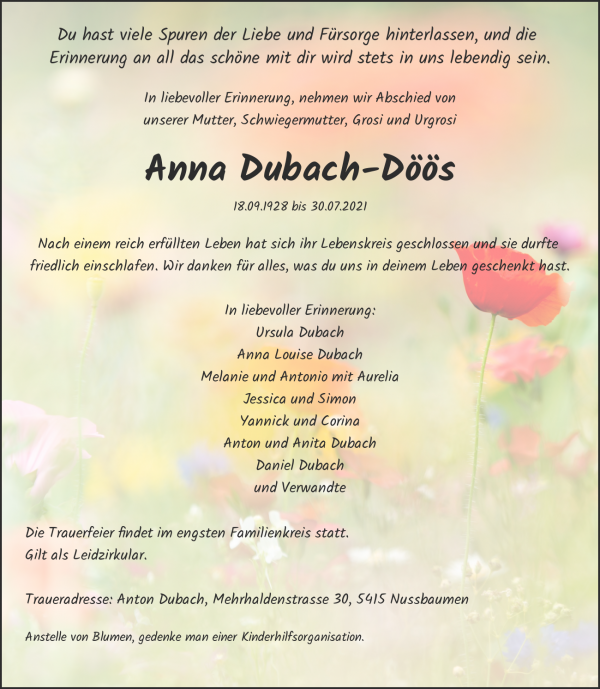 Obituary Anna Dubach-Döös, Luzern