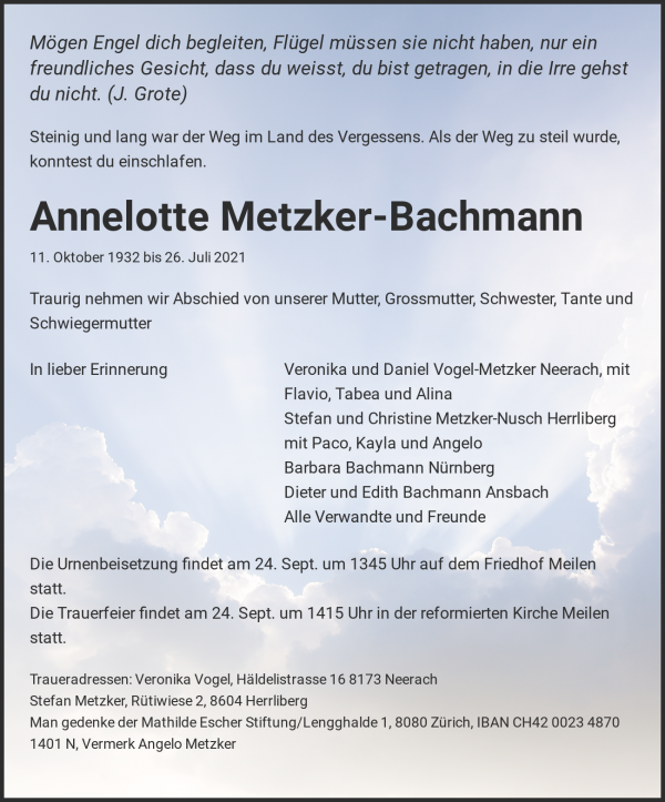 Todesanzeige von Annelotte Metzker-Bachmann, Senevita Residenz Nordlicht