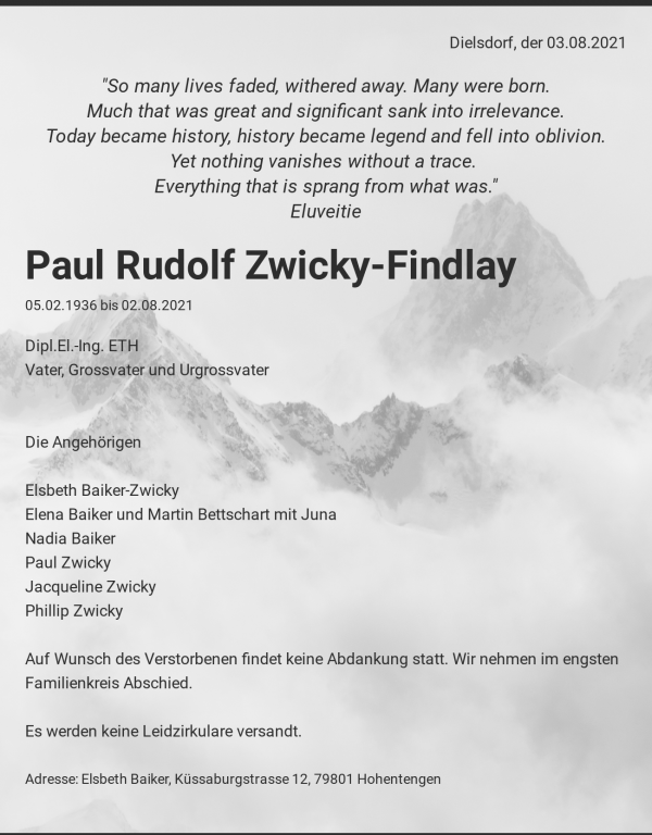Todesanzeige von Paul Rudolf Zwicky-Findlay, Dielsdorf
