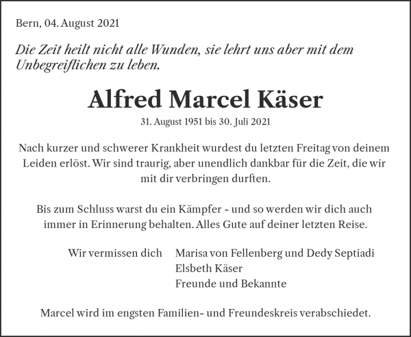 Avis de décès de Alfred Marcel Käser, Bern