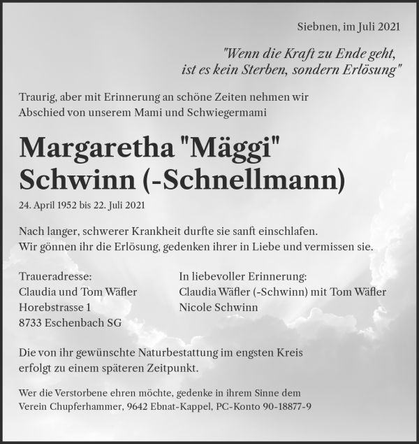 Obituary Margaretha "Mäggi" Schwinn (-Schnellmann), Siebnen