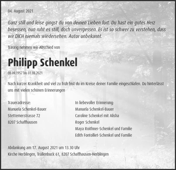Avis de décès de Philipp Schenkel, Schaffhausen