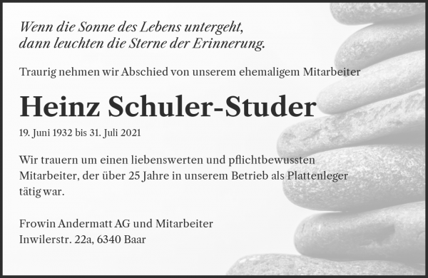 Obituary Heinz Schuler-Studer, Baar