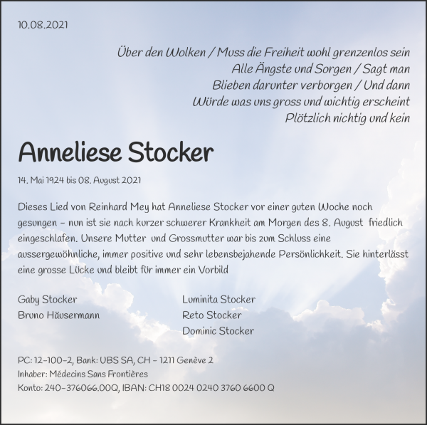 Necrologio Anneliese Stocker, Oberwil-Lieli