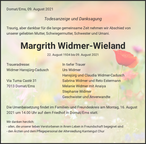 Obituary Margrith Widmer-Wieland, Domat/Ems