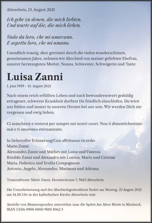 Todesanzeige von Luisa Zanni, Altenrhein