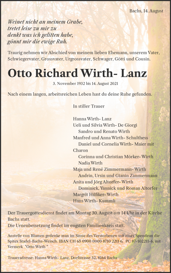 Todesanzeige von Otto Richard Wirth- Lanz, Bachs