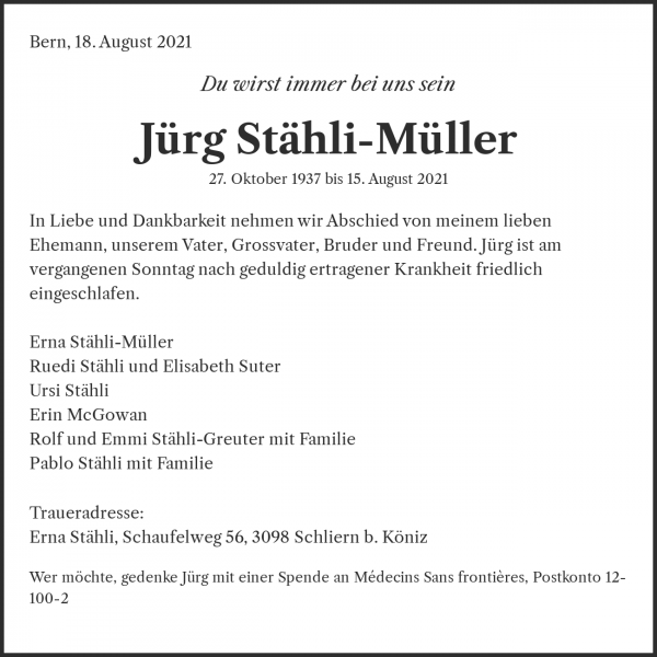 Avis de décès de Jürg Stähli-Müller, Bern