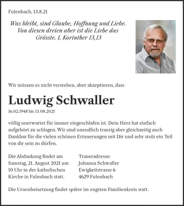 Todesanzeige von Ludwig Schwaller, Fulenbach