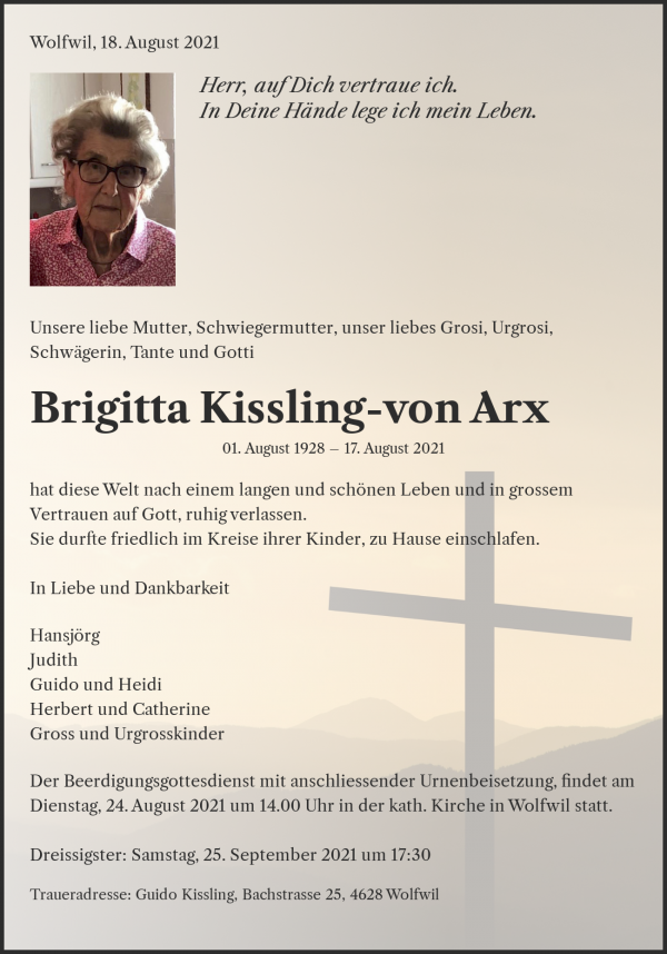 Todesanzeige von Brigitta Kissling-von Arx, Wolfwil