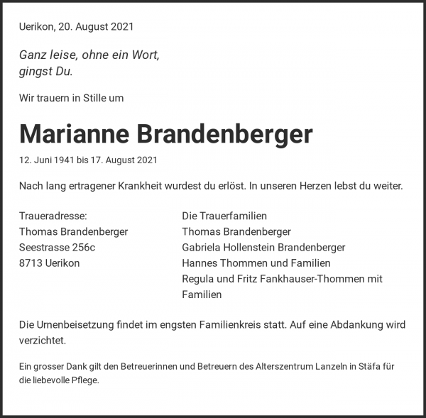 Todesanzeige von Marianne Brandenberger, Stäfa