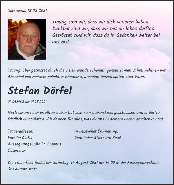 Avis de décès de Stefan Dörfel, Sömmerda