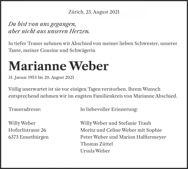 Obituary Marianne Weber, Thalheim an der Thur