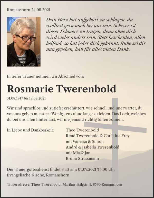Avis de décès de Rosmarie Twerenbold, Romanshorn