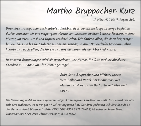 Todesanzeige von Martha Bruppacher-Kurz, Dübendorf