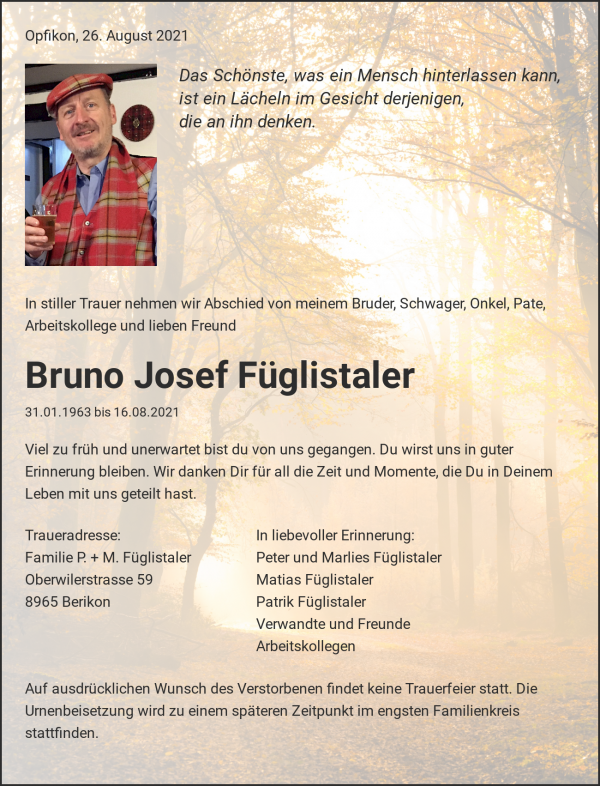 Todesanzeige von Bruno Josef Füglistaler, Opfikon-Glattbrugg